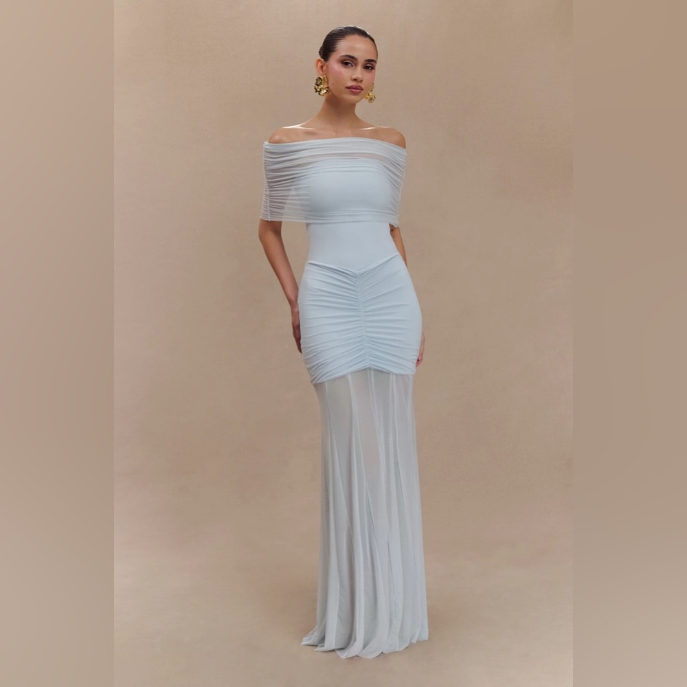 Meshki Strapless Off-White Ruched Mesh Gown